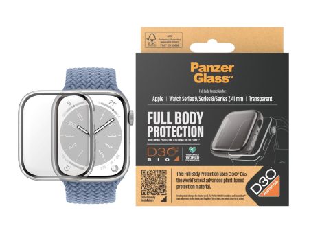 PanzerGlass Apple Watch 9 8 7 (41mm) Full Body D3O Bio Protection Cover + Indbygget Skærmbeskyttelse - Gennemsigtigt m. Sort Kant on Sale