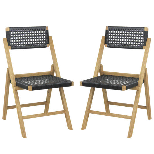 Set of 2 Folding Chairs Indonesia Teak Wood Dining Chairs with Woven Rope Seat and Back Online Hot Sale