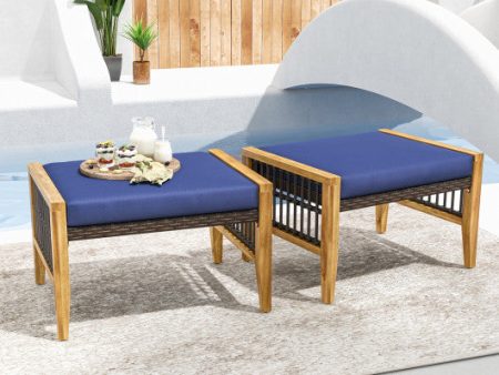 Patio Acacia Wood Ottomans with Cushions and Versatile Rattan Woven Footstools-Navy Online now