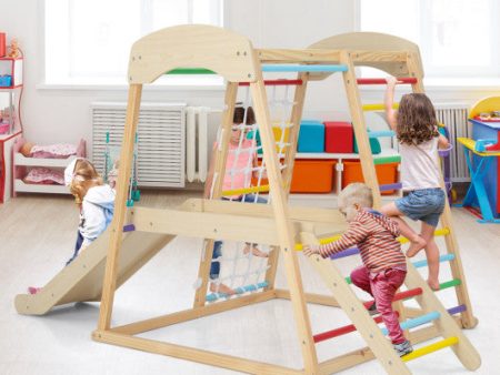 6-in-1 Indoor Jungle Gym Kids Wooden Playground with Monkey Bars-Multicolor Online