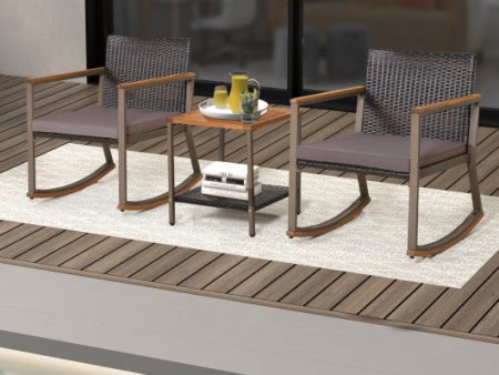 3 Pieces Rattan Rocking Bistro Set with Coffee Table and Cushions-Gray For Discount