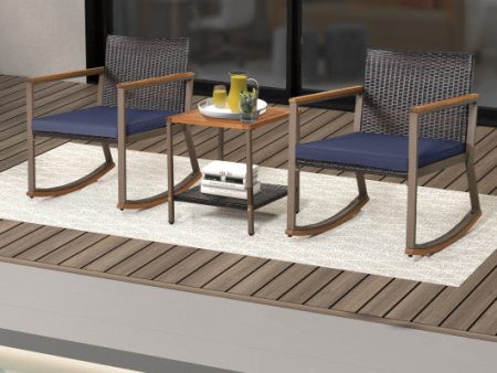 3 Pieces Rattan Rocking Bistro Set with Coffee Table and Cushions-Navy Supply