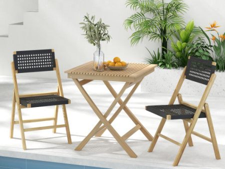 Set of 2 Folding Chairs Indonesia Teak Wood Dining Chairs with Woven Rope Seat and Back Online Hot Sale