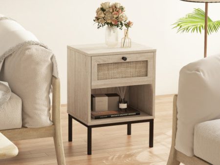 Rattan Nightstand Boho End Table with Rattan Drawer & Open Shelf-Oak Fashion