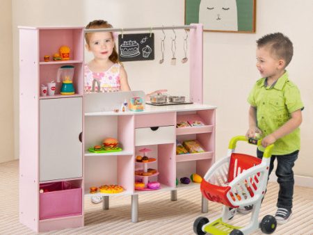 2-in-1 Double-sided Kids Kitchen and Market with Realistic Light and Sound-Pink Supply