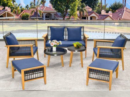 7 Piece Outdoor Conversation Set with Stable Acacia Wood Frame Cozy Seat & Back Cushions-Navy Fashion