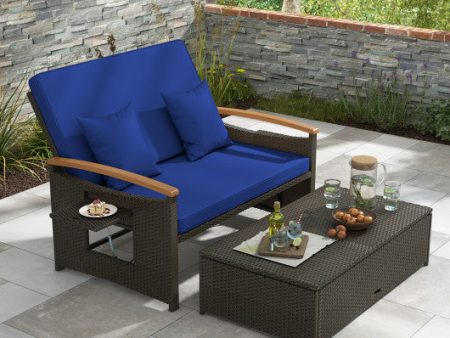 Outdoor Wicker Daybed with Folding Panels and Storage Ottoman-Navy Online now