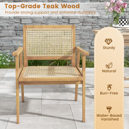 Indonesia Teak Wood Chair with Natural Rattan Seat and Curved Backrest for Backyard Porch Balcony Supply