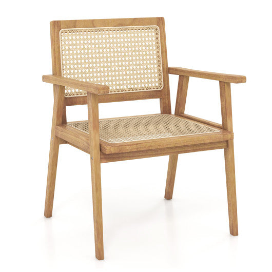 Indonesia Teak Wood Chair with Natural Rattan Seat and Curved Backrest for Backyard Porch Balcony Supply