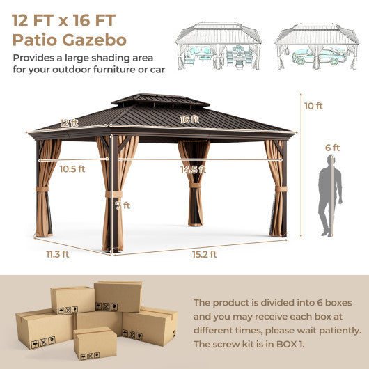 12  x 16  Double-Roof Hardtop Gazebo with Galvanized Steel Roof-Coffee on Sale