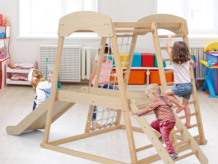 6-in-1 Indoor Jungle Gym Kids Wooden Playground with Monkey Bars-Natural on Sale