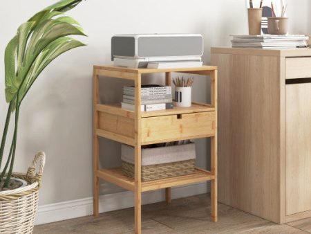 Nightstand Set of 2 Bamboo End Table with 2 Open Shelves and Drawer-Set of 2 Sale