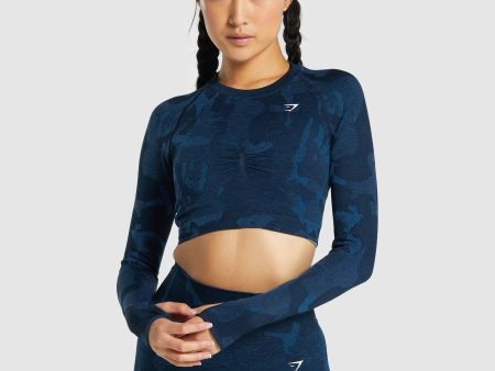 Gymshark Adapt Camo Seamless Long Sleeve Crop Top - Savanna | Navy Cheap