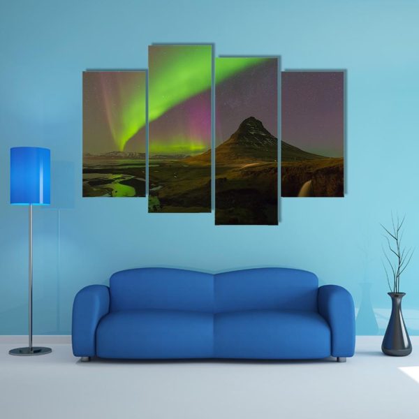 Northern Light Over Kirkjufell Volcano Canvas Wall Art Cheap