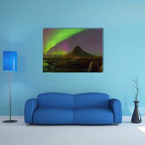 Northern Light Over Kirkjufell Volcano Canvas Wall Art Cheap