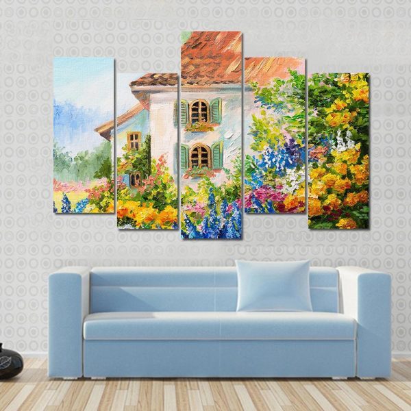 Abstract House In Flower Garden Canvas Wall Art For Cheap