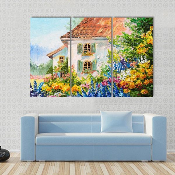 Abstract House In Flower Garden Canvas Wall Art For Cheap