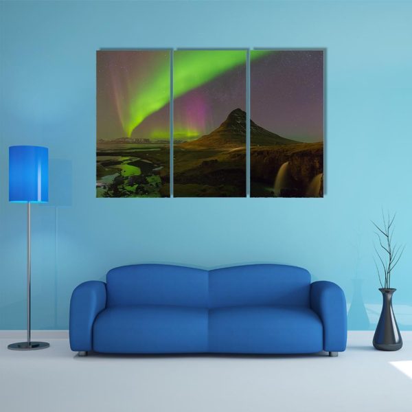 Northern Light Over Kirkjufell Volcano Canvas Wall Art Cheap